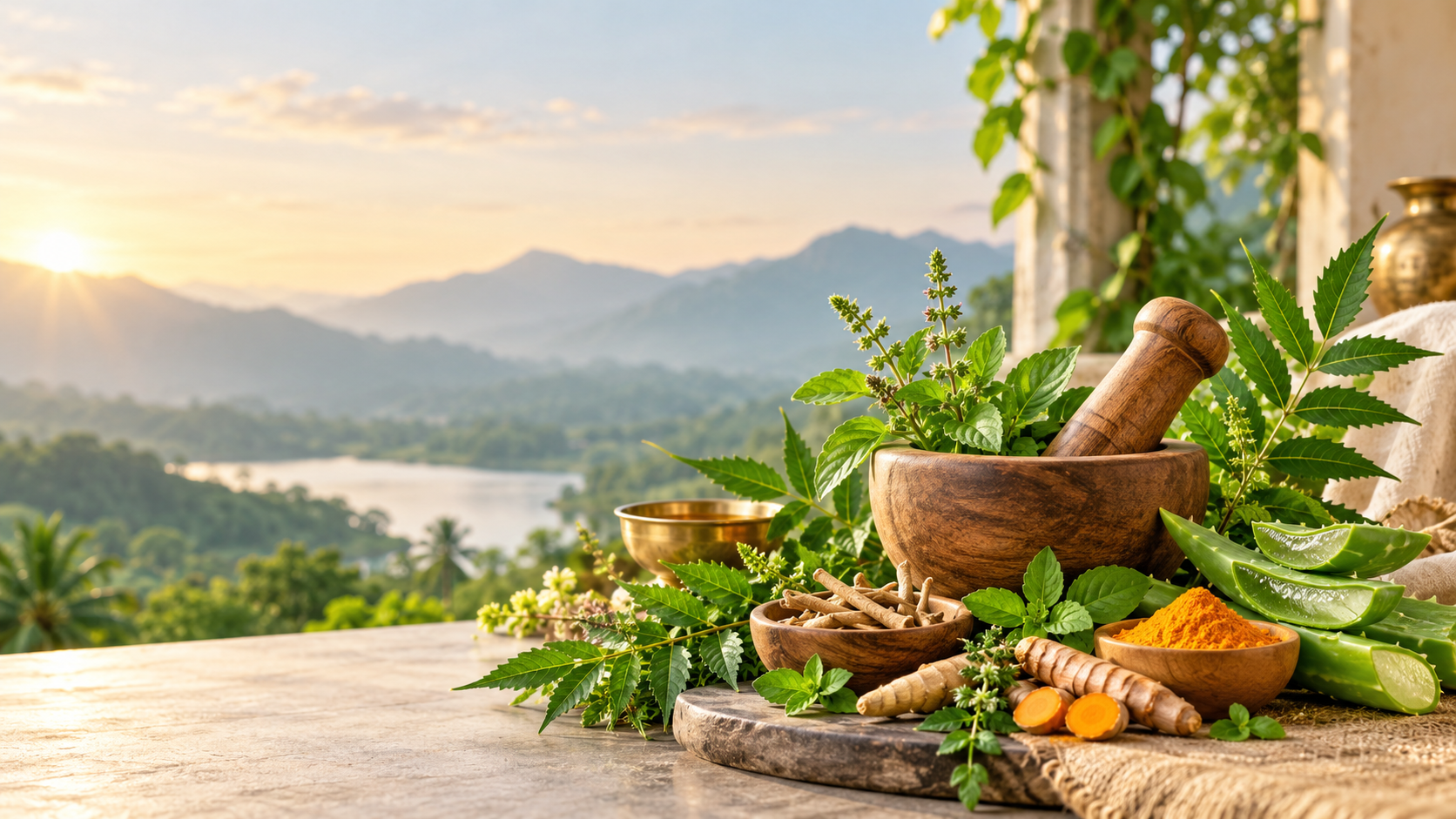 Ayurveda herbs, mortar and botanical wellness ingredients for Jivika Wellness